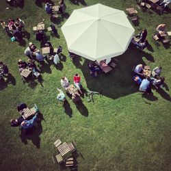 High angle view of people in lawn
