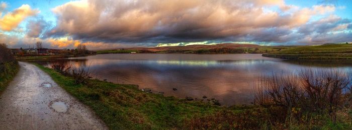 Scenic view of lake against cloudy sky