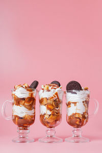 Close-up of ice cream against glass over background