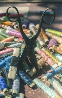 High angle view of various objects on table