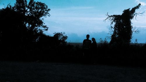 Silhouette men standing by tree against sky