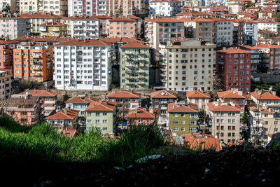 High angle view of buildings in city