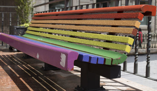 Close-up of empty benches on railroad track