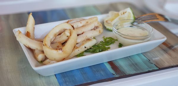 High angle view of food served in plate on table