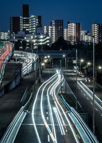 Light trails on city street at dusk