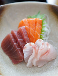 High angle view of sashimi served in plate