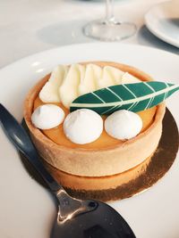 High angle view of cake in plate on table