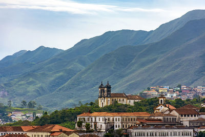 Curches, houses and mountains of ouro preto city in minas gerais with its colonial-style