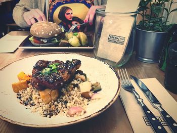 High angle view of meal served on table