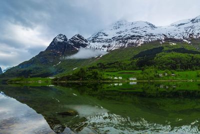 Scenic view of lake by snowcapped mountains against sky