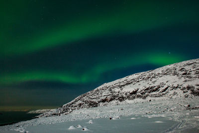 Scenic view of snowcapped mountains against sky at night