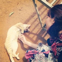 High angle view of woman playing with cat