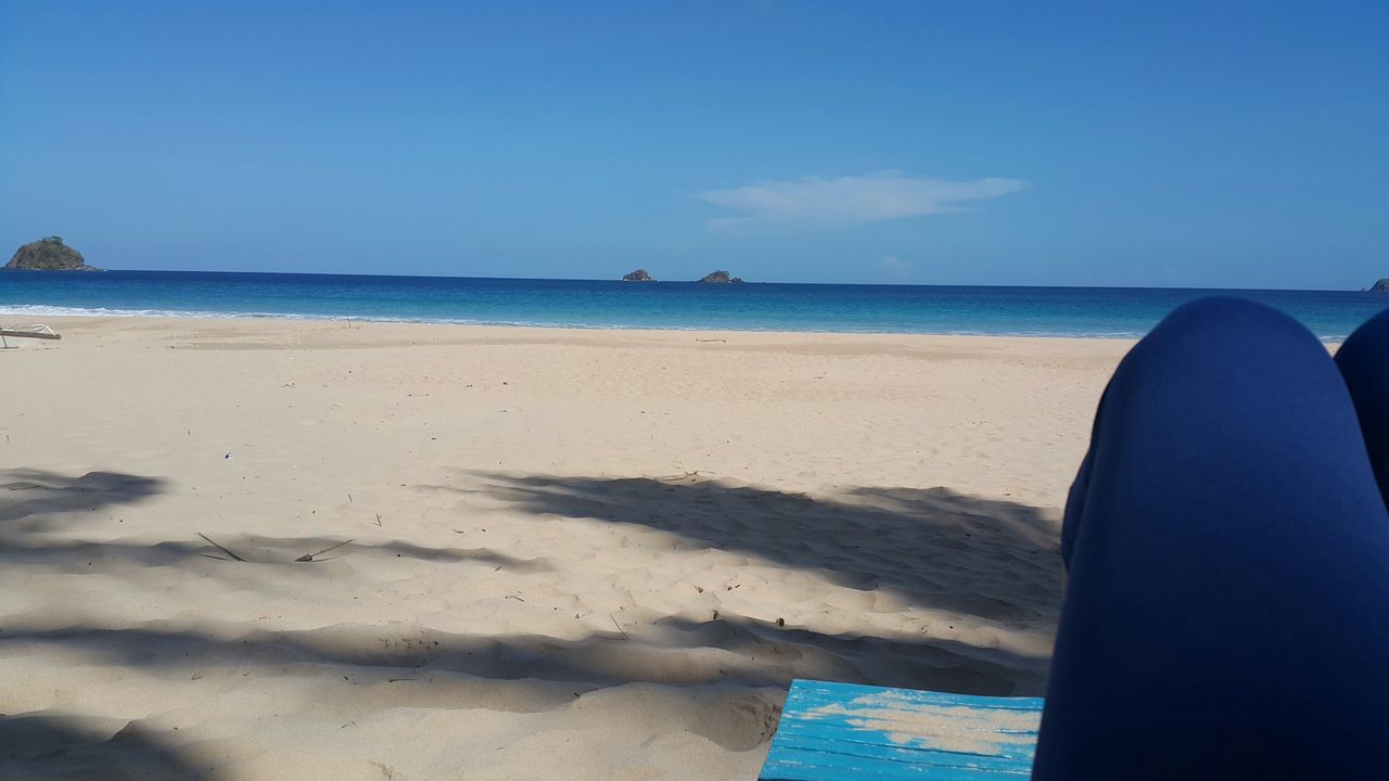 sea, water, horizon over water, beach, blue, shore, tranquility, tranquil scene, scenics, sand, beauty in nature, sky, clear sky, nature, idyllic, sunlight, day, calm, outdoors, vacations