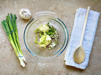 High angle view of vegetables in bowl on table