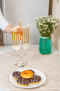 High angle view of christmas decorations on table