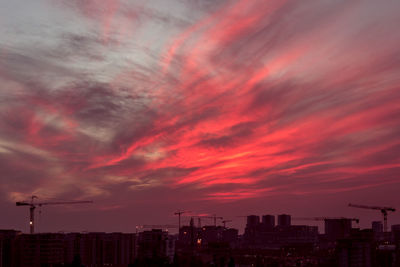 Scenic view of dramatic sky over city during sunset