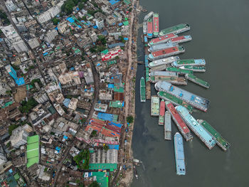 High angle view of ship in city