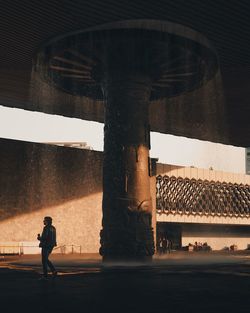 Silhouette man standing on bridge in city