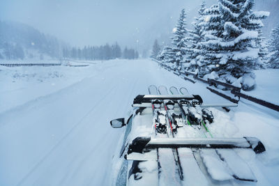 Snow covered road amidst trees on field during winter