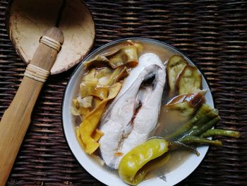 High angle view of seafood in plate on table