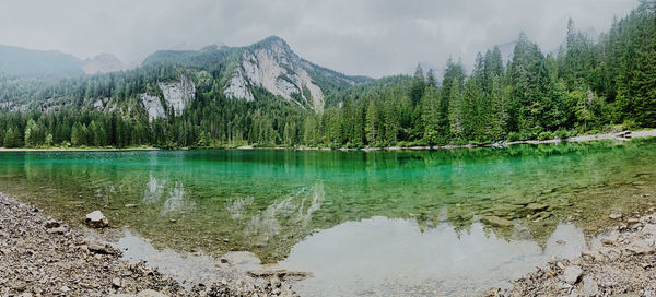 Panoramic view of lake and mountains against sky