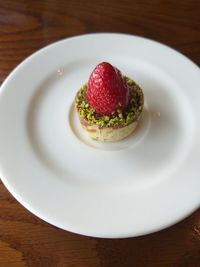 High angle view of cake in plate on table