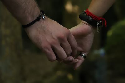 Close-up of hand holding leaf against blurred background