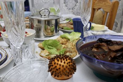 Close-up of breakfast served on table