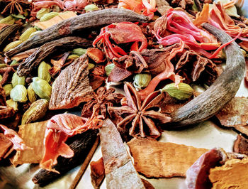 Close-up of dried leaves and seeds of ingredients