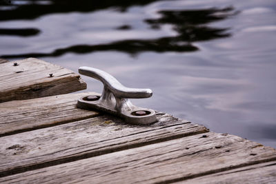 Close-up of pier on lake