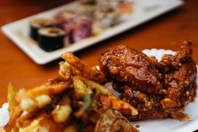 High angle view of meat in plate on table