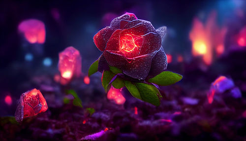 3d rendering of a luminous rose in a dark rose forest. high quality photo wallpaper