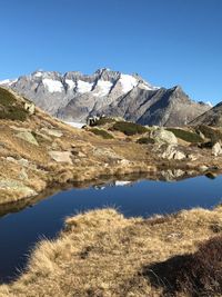 Scenic view of snowcapped mountains against clear blue sky