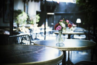 Close-up of empty chairs and table