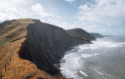 Scenic view of coast against sky