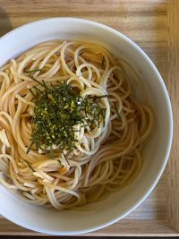 High angle view of noodles in bowl on table