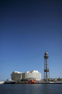 Lighthouse by sea against buildings against clear blue sky