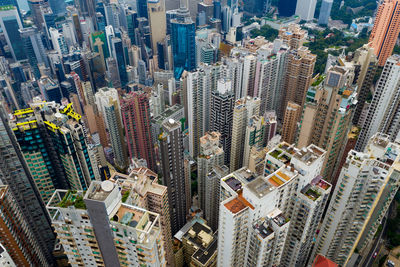 High angle view of modern buildings in city