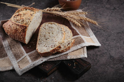 Sliced fresh baked whole grain bread with flax seeds