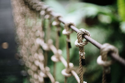 Close-up of rope tied to metal fence