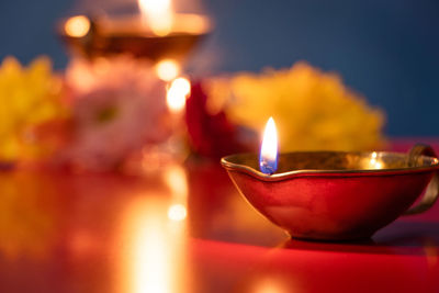 Close-up of illuminated tea light candle