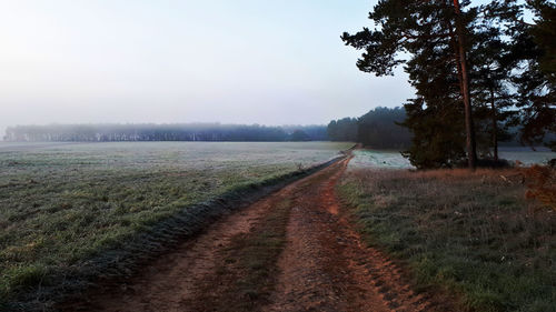 Dirt road amidst field against sky during foggy weather