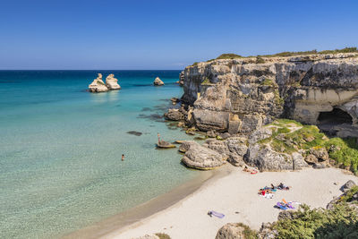 Scenic view of sea against clear blue sky