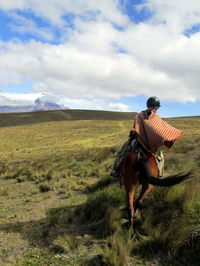 Rear view of person riding horse on grassy landscape against sky