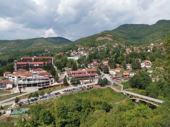 High angle view of buildings against sky
