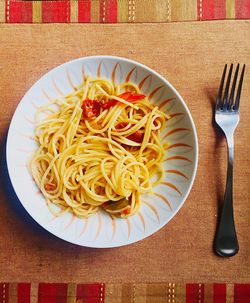 Directly above shot of noodles served in plate