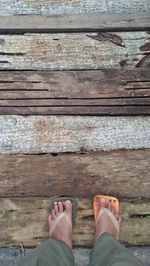 Low section of person standing on wooden plank