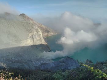 Panoramic view of volcano crater and blue water