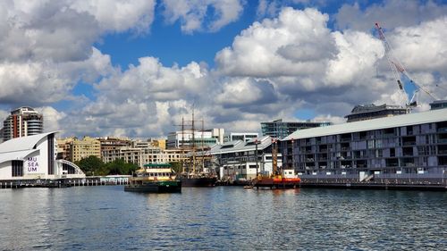 Panoramic view of buildings and river against sky