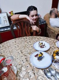 High angle view of people sitting in restaurant
